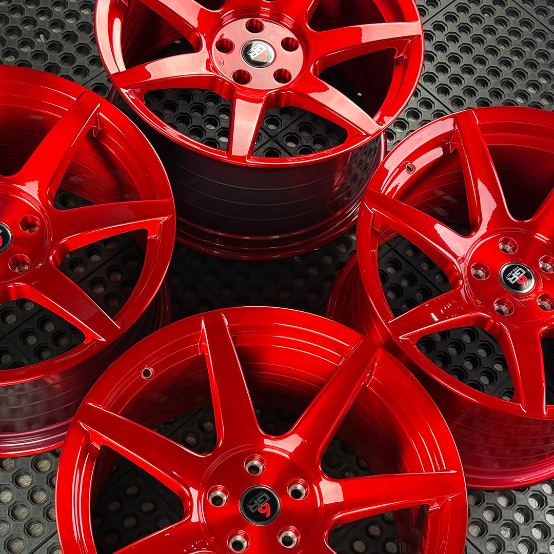 19 inch spun forged seven in candy apple red for s197, s550 and s650 ford mustangs including dark horse