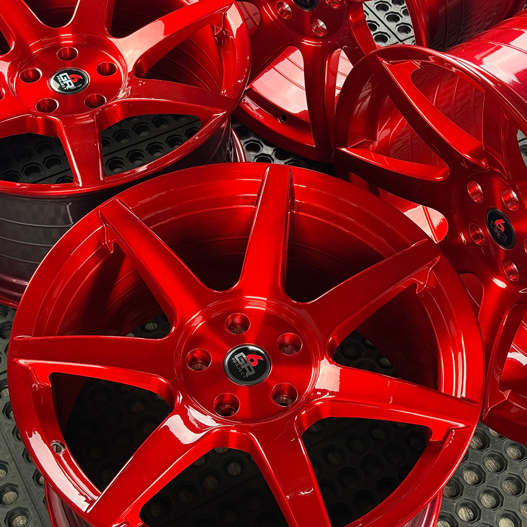 19 inch spun forged seven in candy apple red for s197, s550 and s650 ford mustangs including dark horse