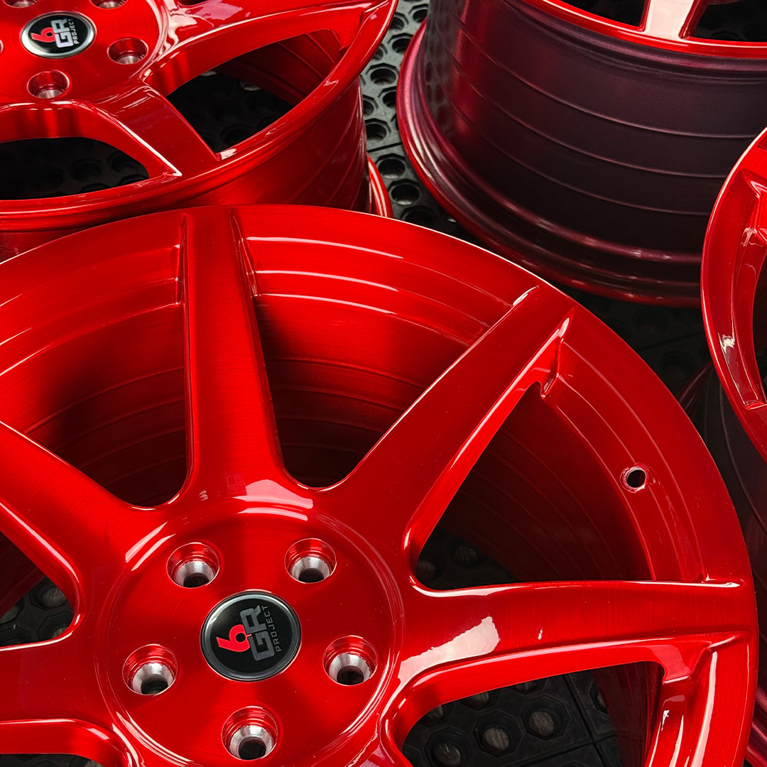 19 inch spun forged seven in candy apple red for s197, s550 and s650 ford mustangs including dark horse
