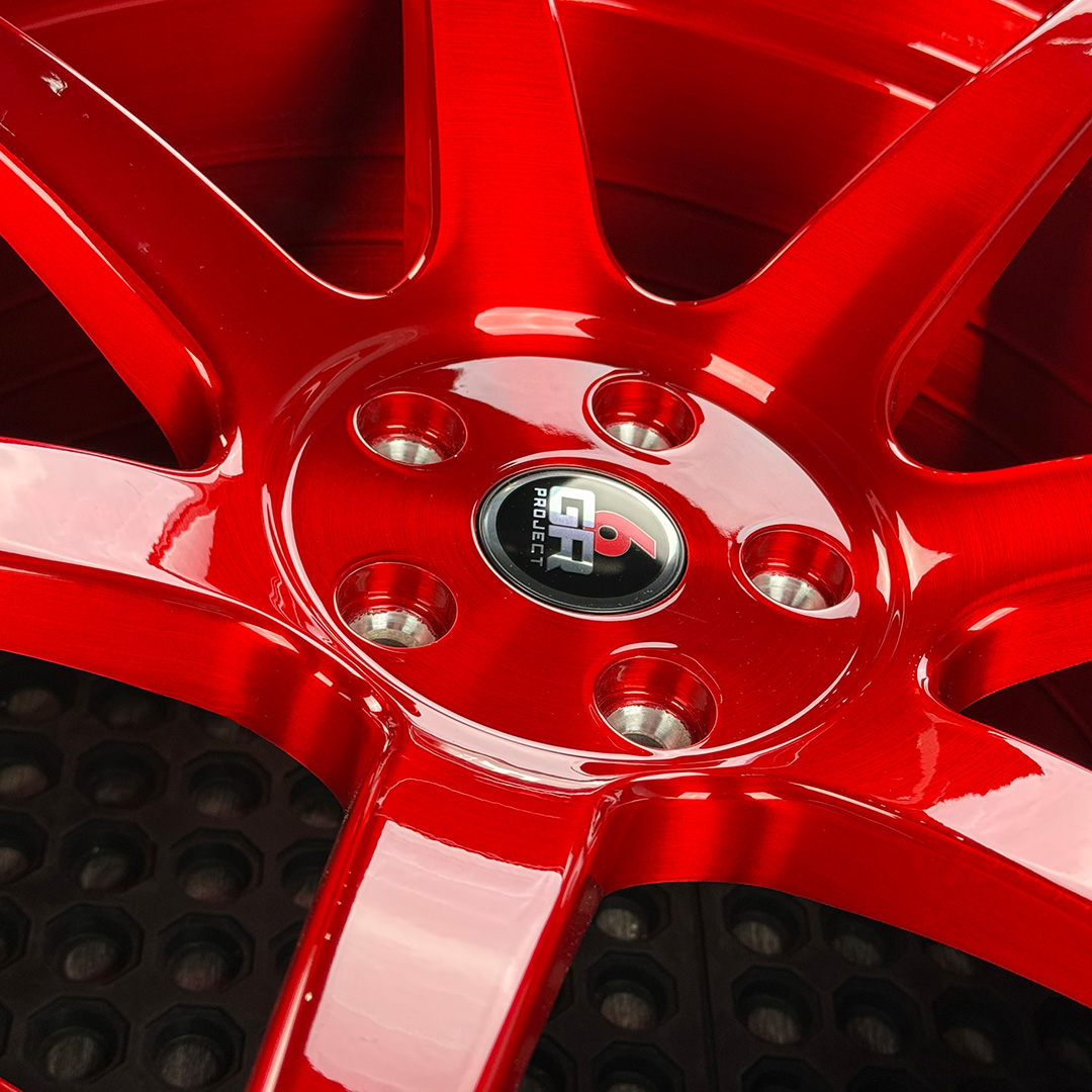 19 inch spun forged seven in candy apple red for s197, s550 and s650 ford mustangs including dark horse