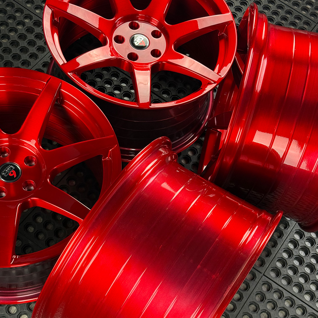 19 inch spun forged seven in candy apple red for s197, s550 and s650 ford mustangs including dark horse