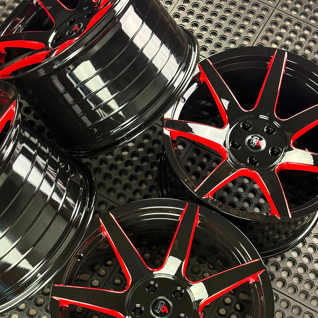 19 inch spun forged seven in gloss black with red windows for gt350, gt350r and s650 ford mustang with handling package