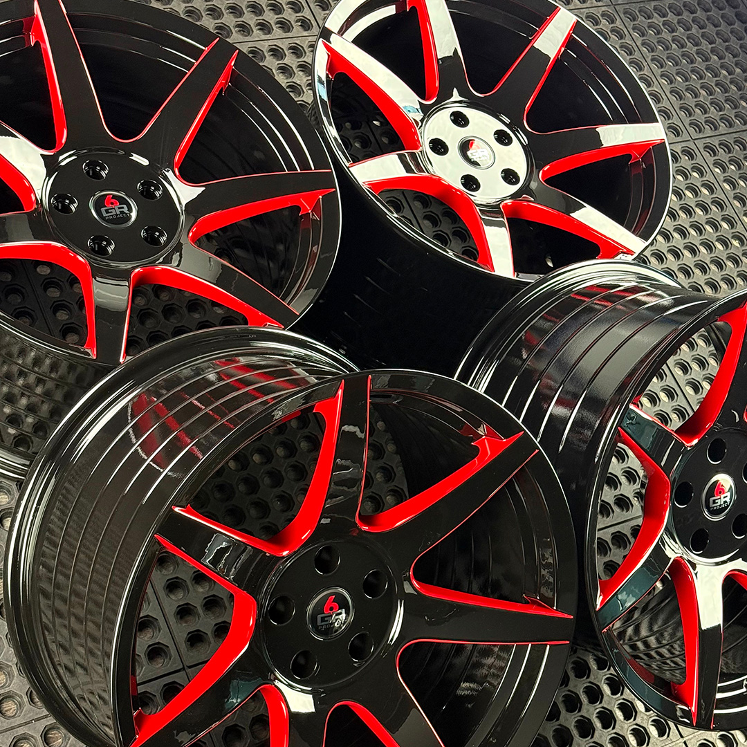 19 inch spun forged seven in gloss black with red windows for gt350, gt350r and s650 ford mustang with handling package