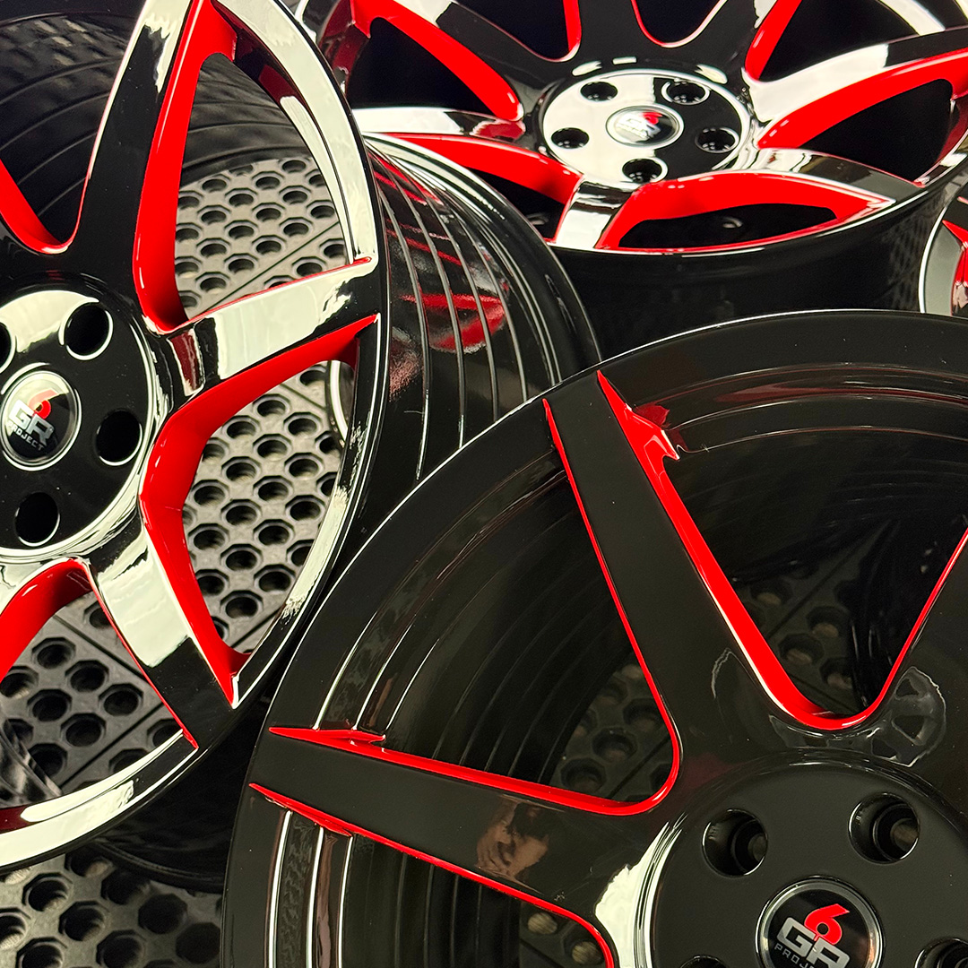 19 inch spun forged seven in gloss black with red windows for gt350, gt350r and s650 ford mustang with handling package