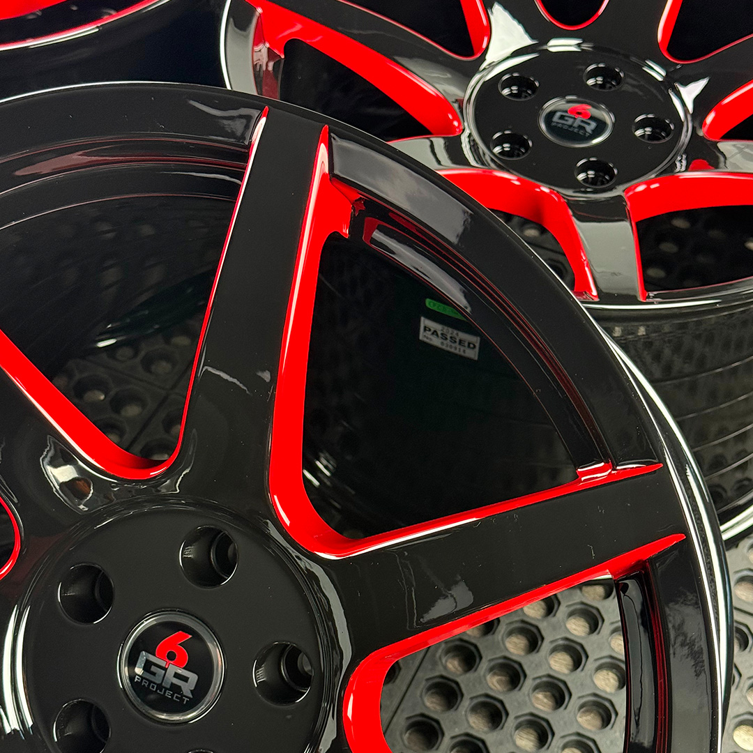 19 inch spun forged seven in gloss black with red windows for gt350, gt350r and s650 ford mustang with handling package