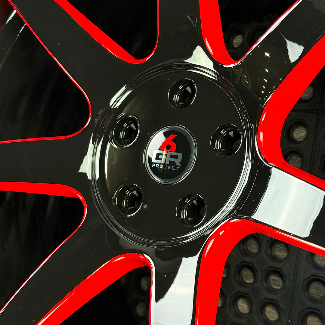 19 inch spun forged seven in gloss black with red windows for gt350, gt350r and s650 ford mustang with handling package