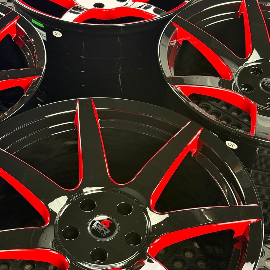19 inch spun forged seven in gloss black with red windows for gt350, gt350r and s650 ford mustang with handling package