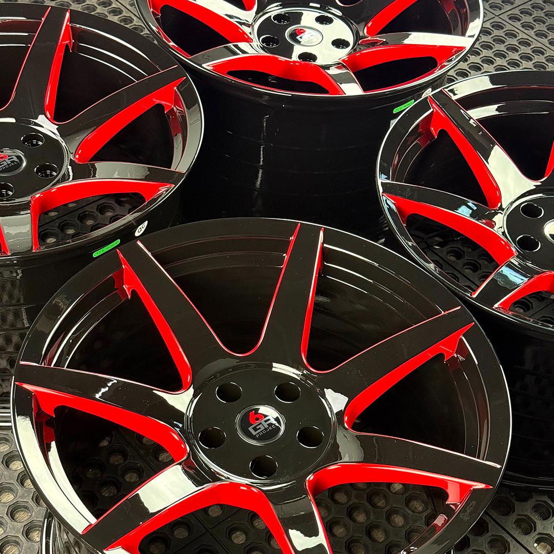 19 inch spun forged seven in gloss black with red windows for gt350, gt350r and s650 ford mustang with handling package