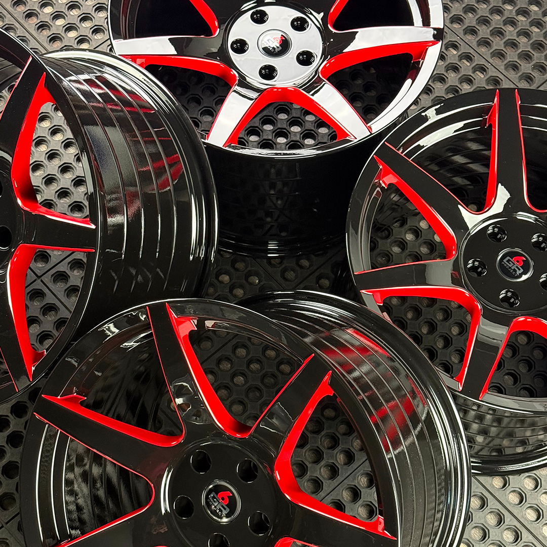19 inch spun forged seven in gloss black with red windows for gt350, gt350r and s650 ford mustang with handling package