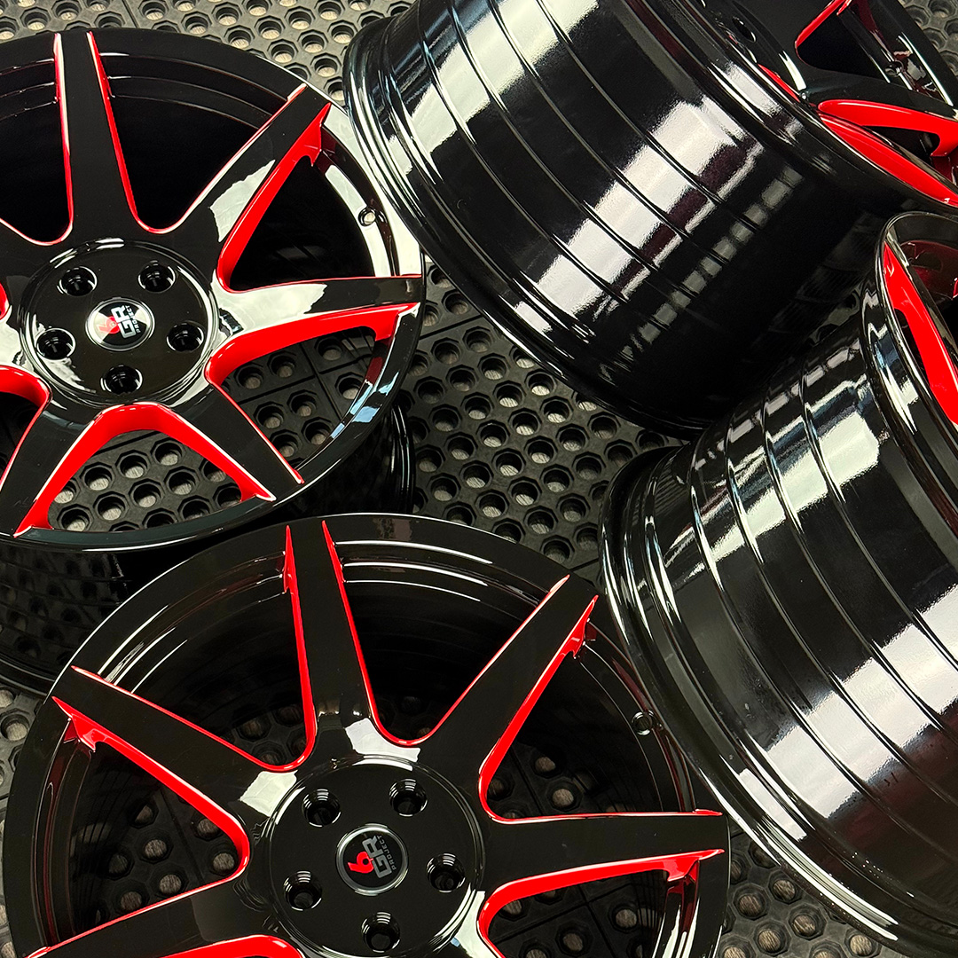 19 inch spun forged seven in gloss black with red windows for gt350, gt350r and s650 ford mustang with handling package