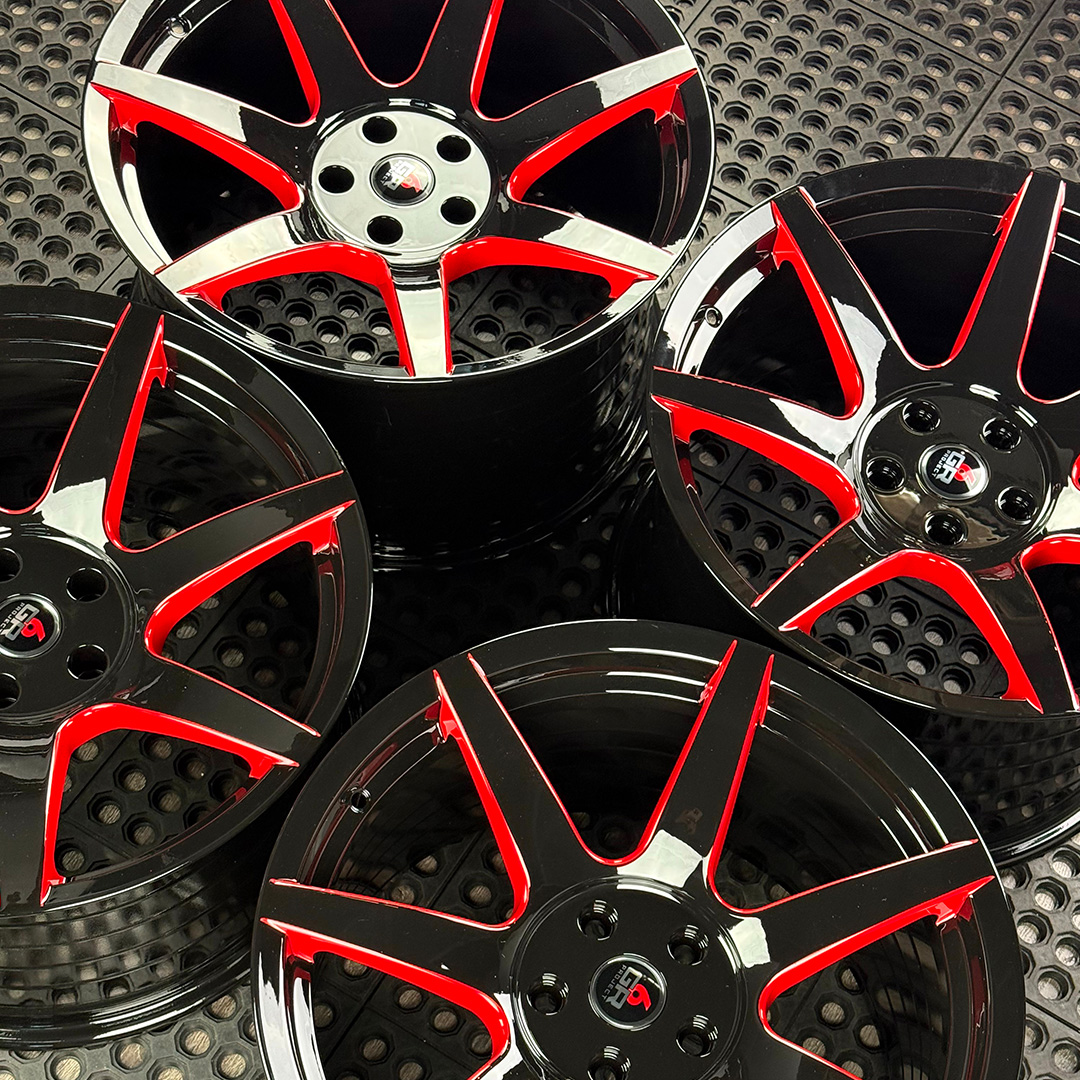 19 inch spun forged seven in gloss black with red windows for gt350, gt350r and s650 ford mustang with handling package