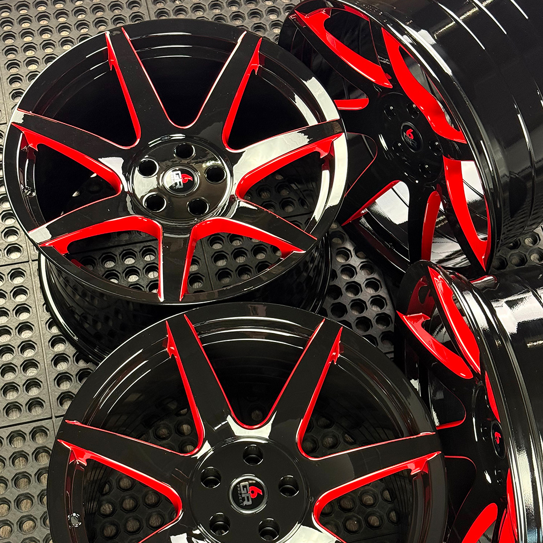 19 inch spun forged seven in gloss black with red windows for gt350, gt350r and s650 ford mustang with handling package