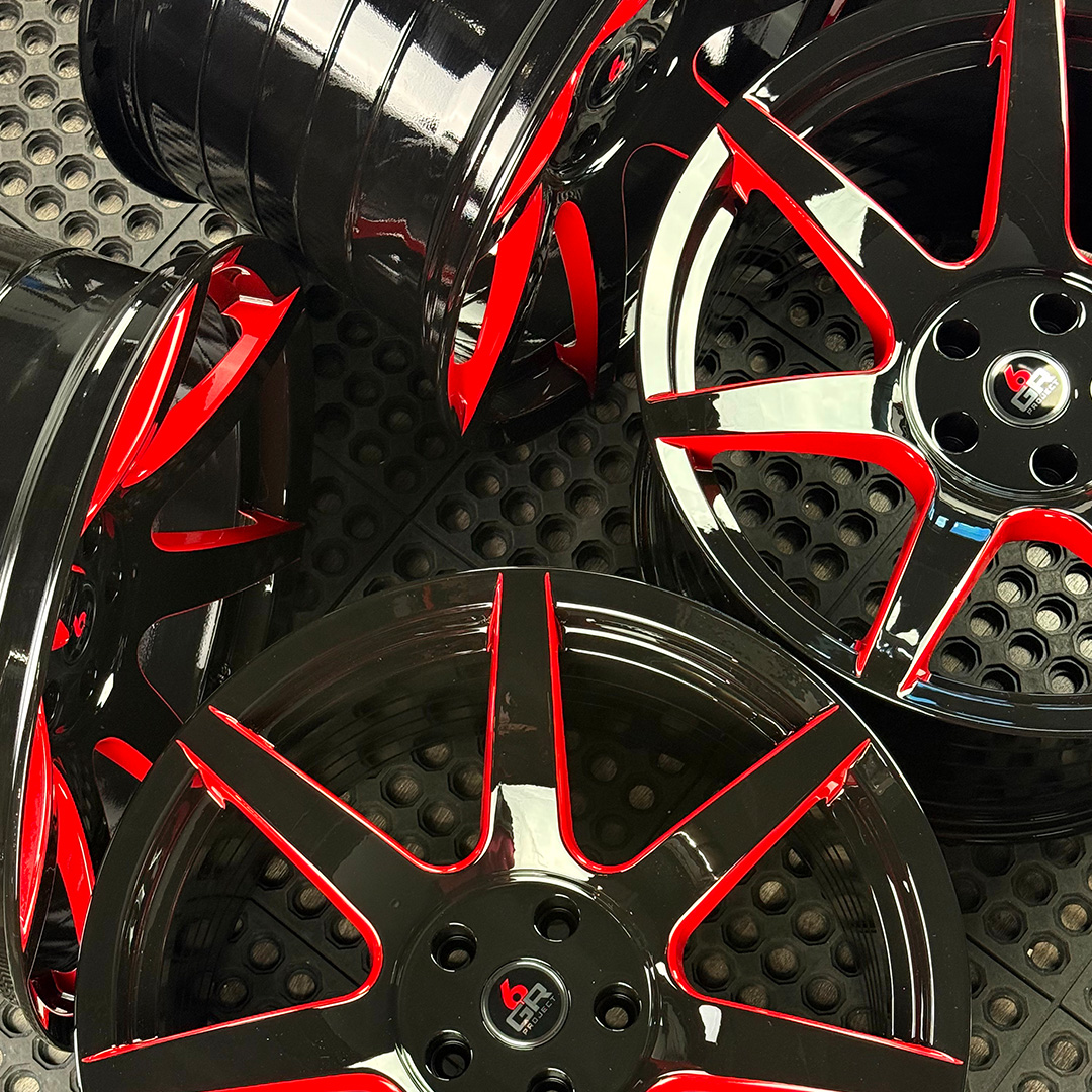 19 inch spun forged seven in gloss black with red windows for gt350, gt350r and s650 ford mustang with handling package