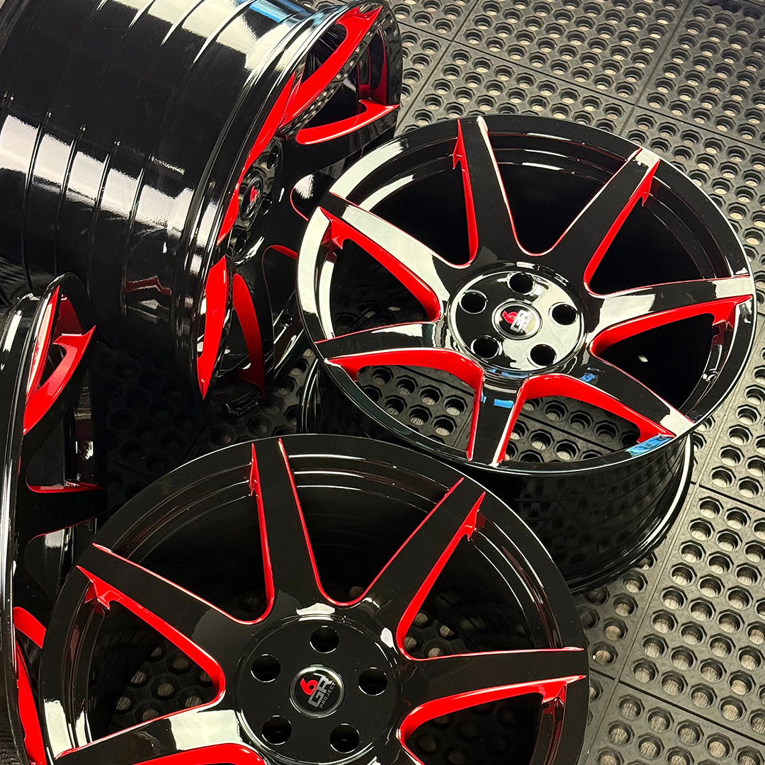 19 inch spun forged seven in gloss black with red windows for gt350, gt350r and s650 ford mustang with handling package