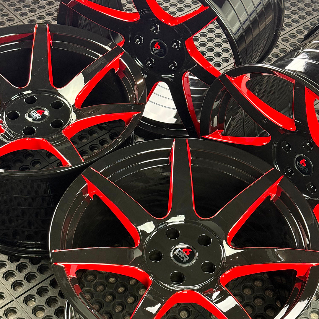 19 inch spun forged seven in gloss black with red windows for gt350, gt350r and s650 ford mustang with handling package