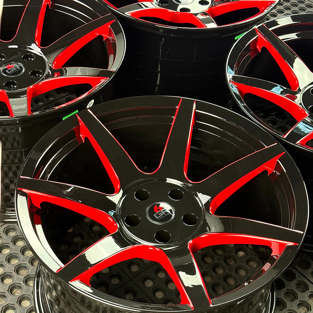 19 inch spun forged seven in gloss black with red windows for gt350, gt350r and s650 ford mustang with handling package