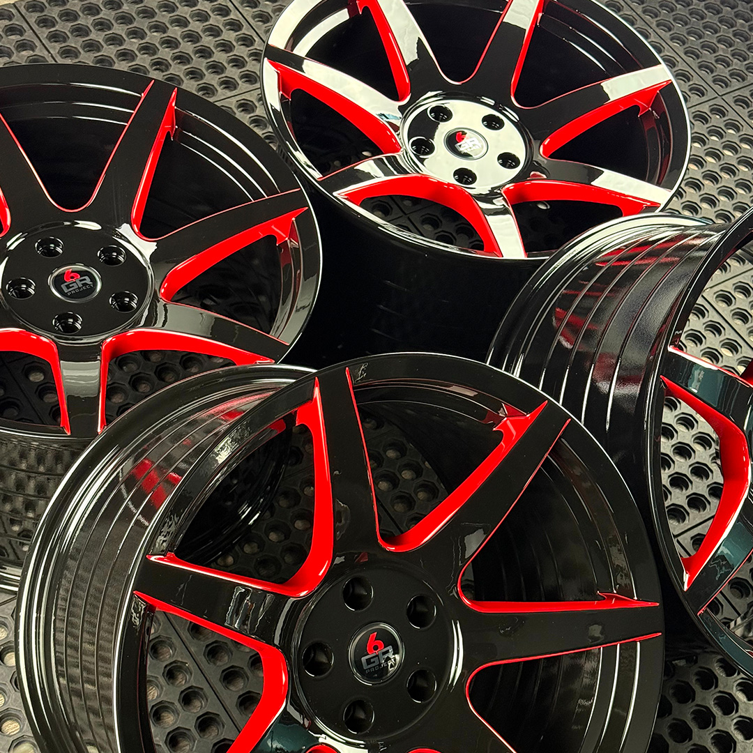 19 inch spun forged seven in gloss black with red windows for gt350, gt350r and s650 ford mustang with handling package