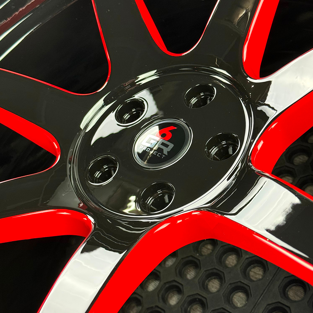 19 inch spun forged seven in gloss black with red windows for gt350, gt350r and s650 ford mustang with handling package