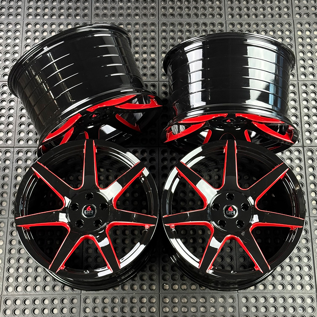 19 inch spun forged seven in gloss black with red windows for gt350, gt350r and s650 ford mustang with handling package