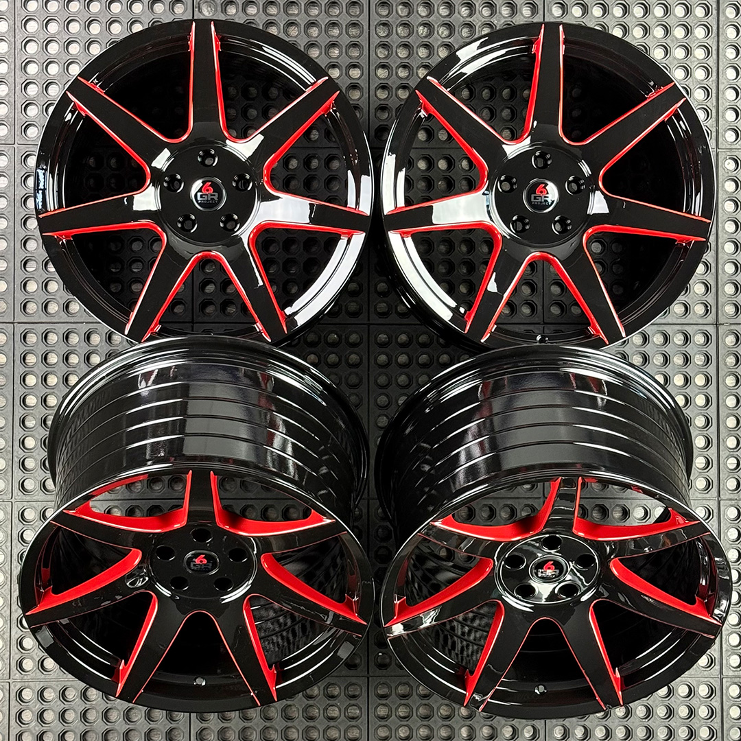 19 inch spun forged seven in gloss black with red windows for gt350, gt350r and s650 ford mustang with handling package
