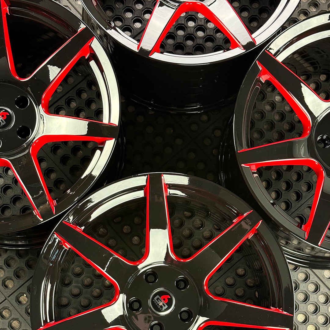19 inch spun forged seven in gloss black with red windows for gt350, gt350r and s650 ford mustang with handling package