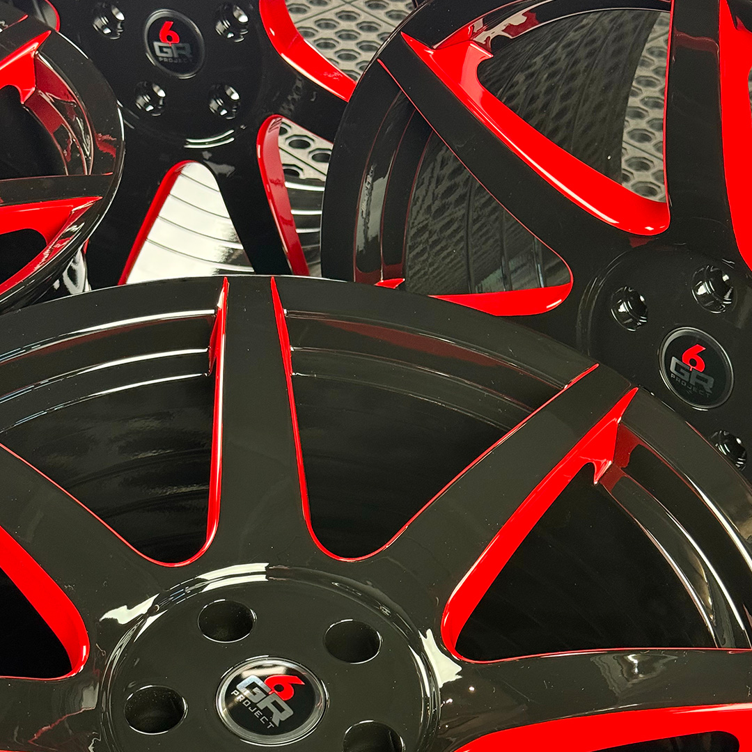 19 inch spun forged seven in gloss black with red windows for gt350, gt350r and s650 ford mustang with handling package