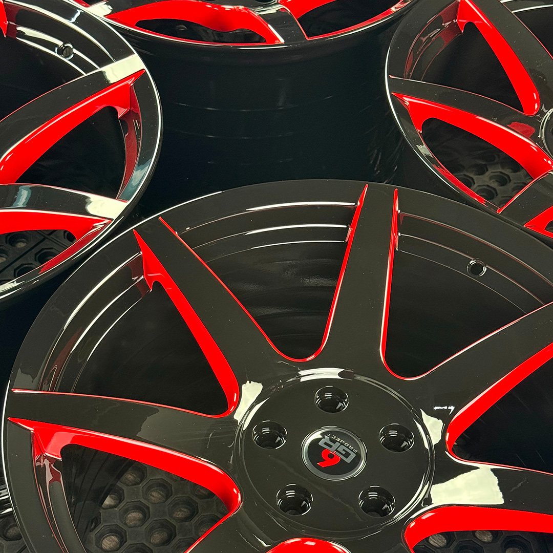 19 inch spun forged seven in gloss black with red windows for gt350, gt350r and s650 ford mustang with handling package