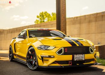 Triple Yellow Mustang Ecoboost gets a new color combo sporting Project 6GR 5-FIVE wheels in Gloss Black finish