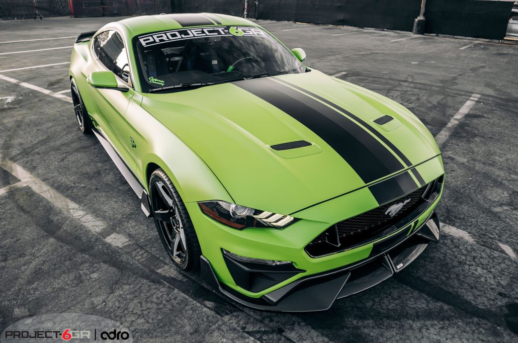 Stunning Grabber Lime Mustang GT completed with the Project 6GR 5-FIVE wheels and Carbon Fiber Adro lip / Side Skirts