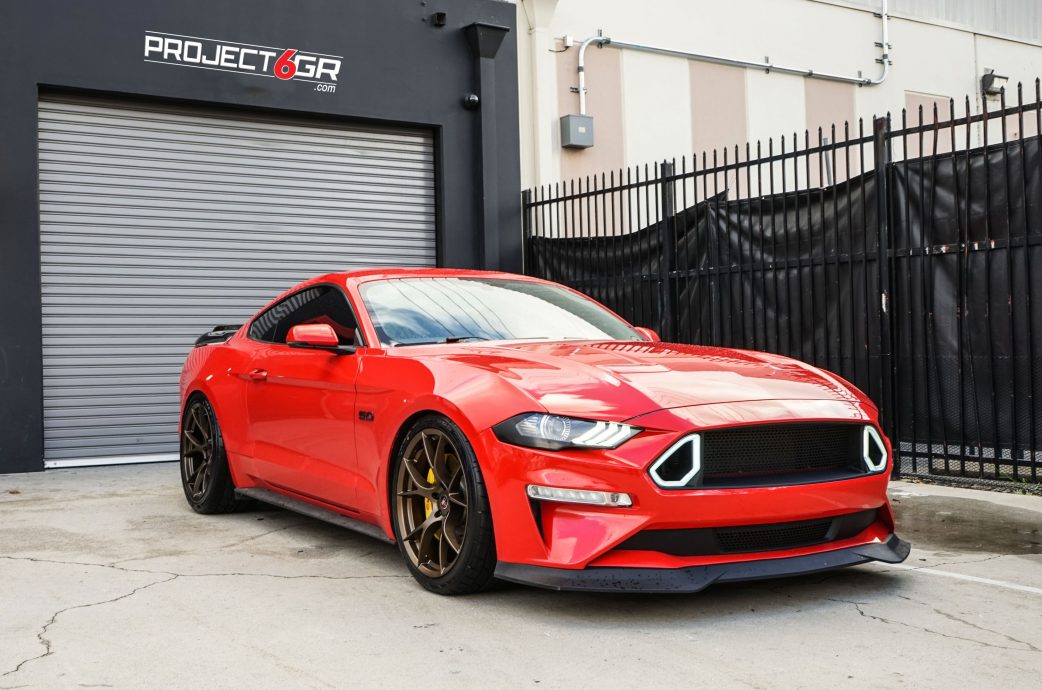 Race Red Mustang GT gets a new color combo sporting Project 6GR 10-TEN wheels in Satin Bronze finish