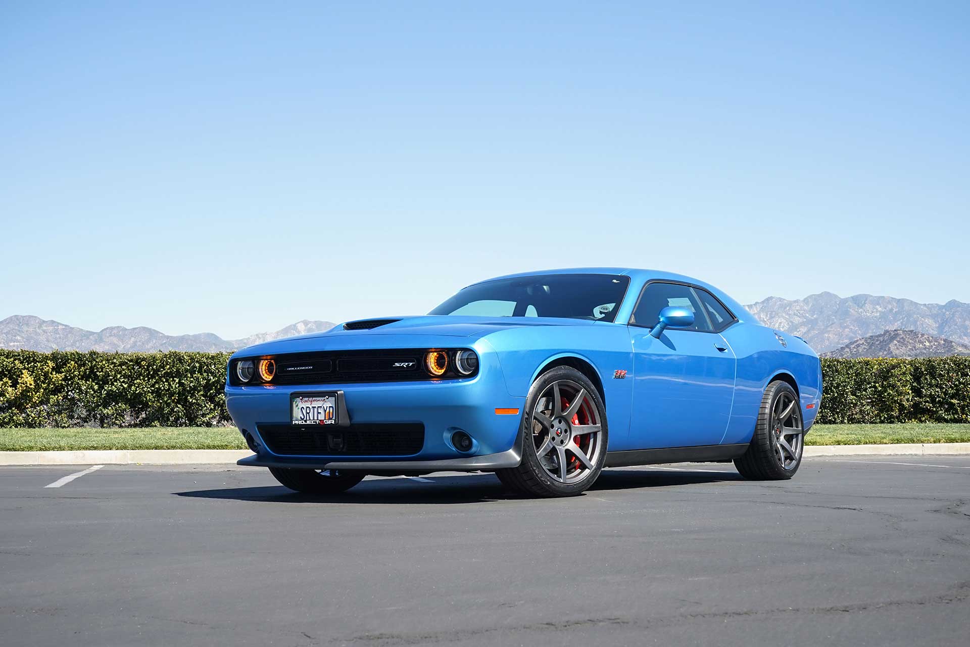 blue dodge challenger srt 392 with gloss black project 6gr seven wheels