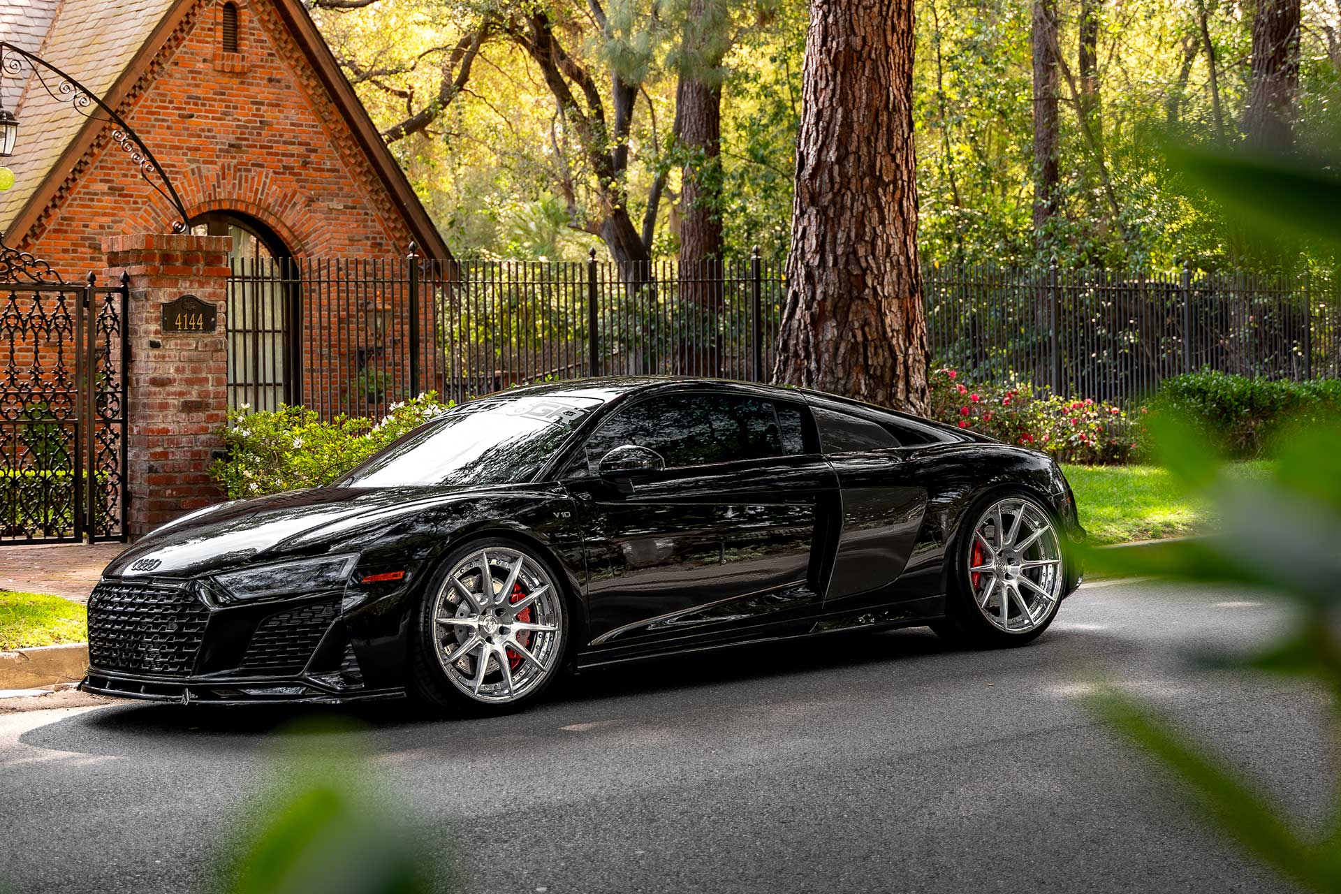 brilliant black audi r8 with two piece forged project 6gr ten l wheels