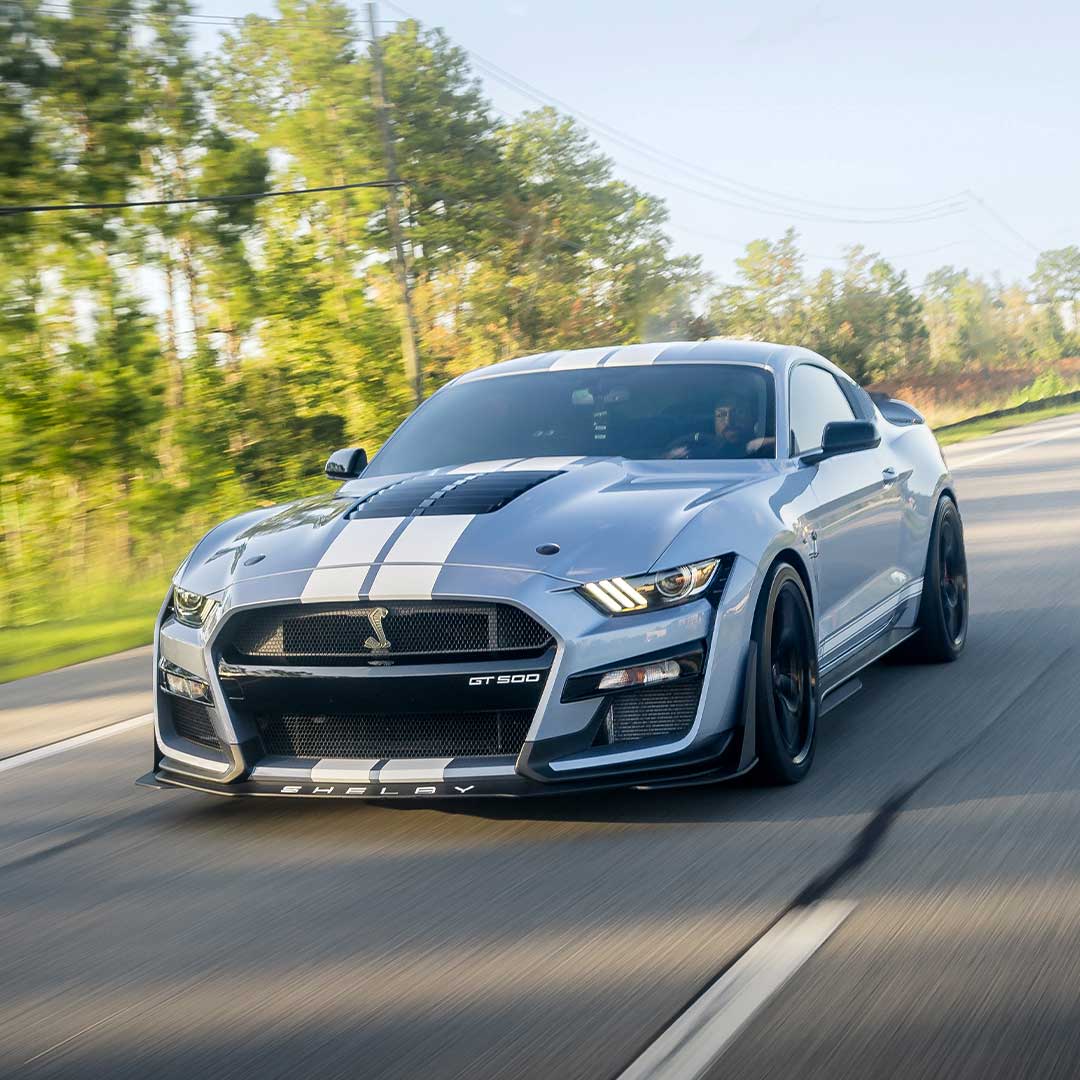 rolling shot of gray mustang gt500 with project 6gr spun forged wheels
