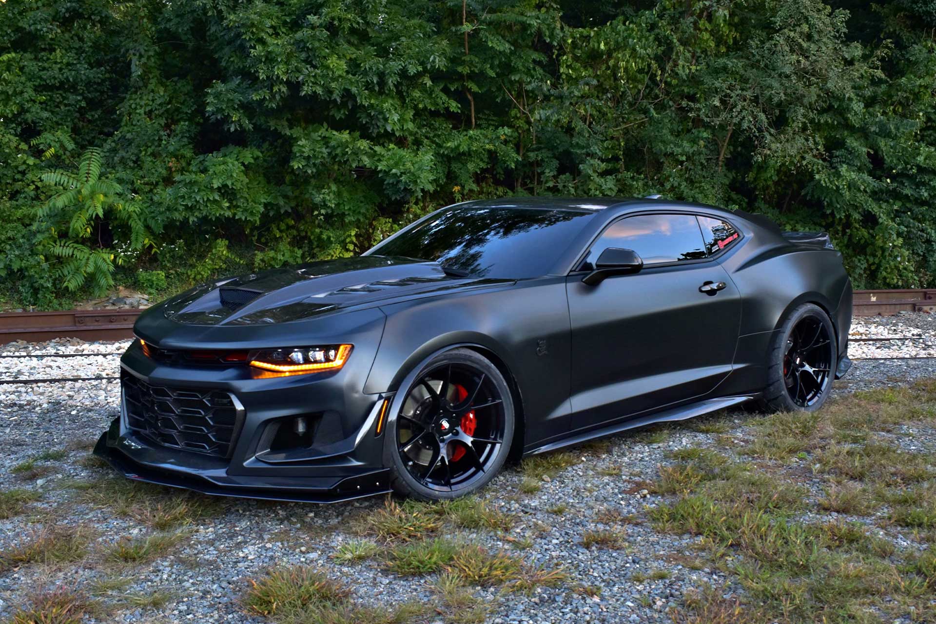 matte black chevy camaro with gloss black project 6gr ten wheels