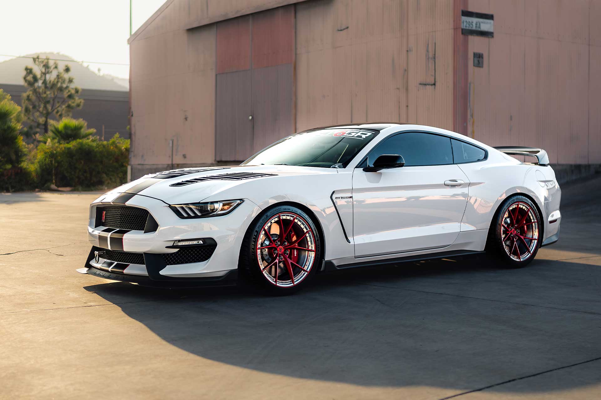oxford white s550 ford mustang shelby gt350r with two piece forged project 6gr ten r wheels in candy red finish
