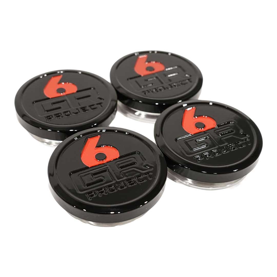 project 6gr billet aluminum forged center caps in gloss black and red