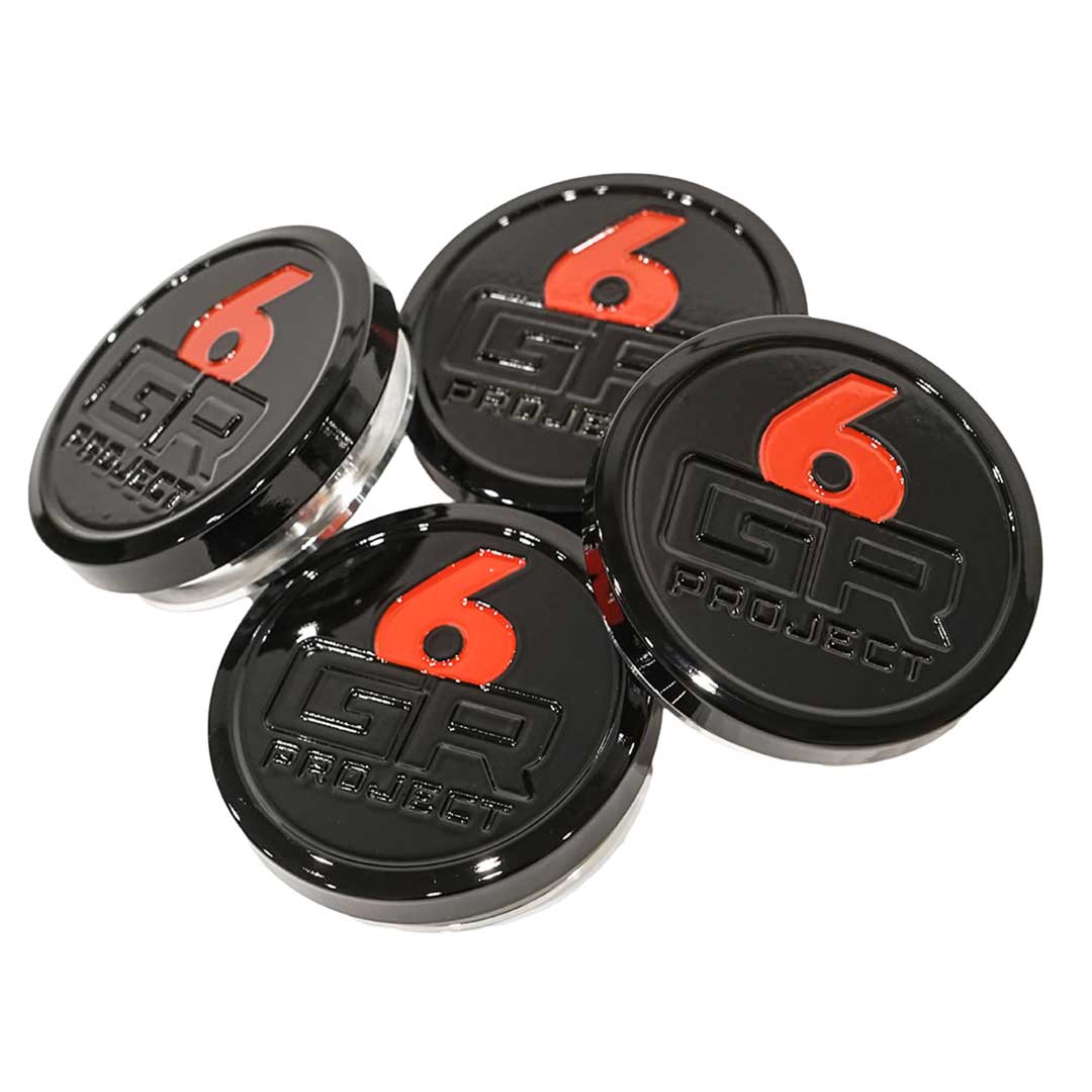 project 6gr billet aluminum forged center caps in gloss black and red