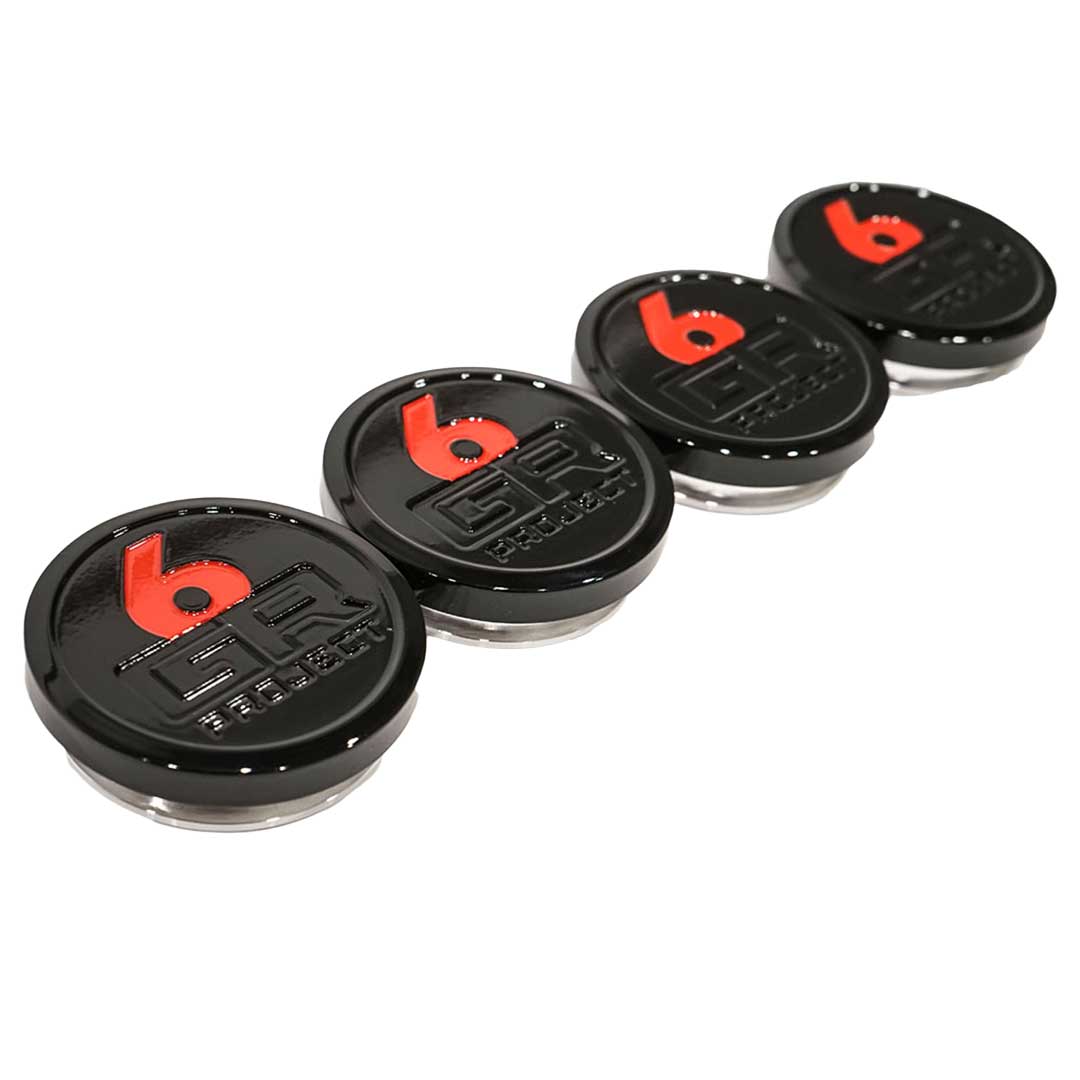 project 6gr billet aluminum forged center caps in gloss black and red