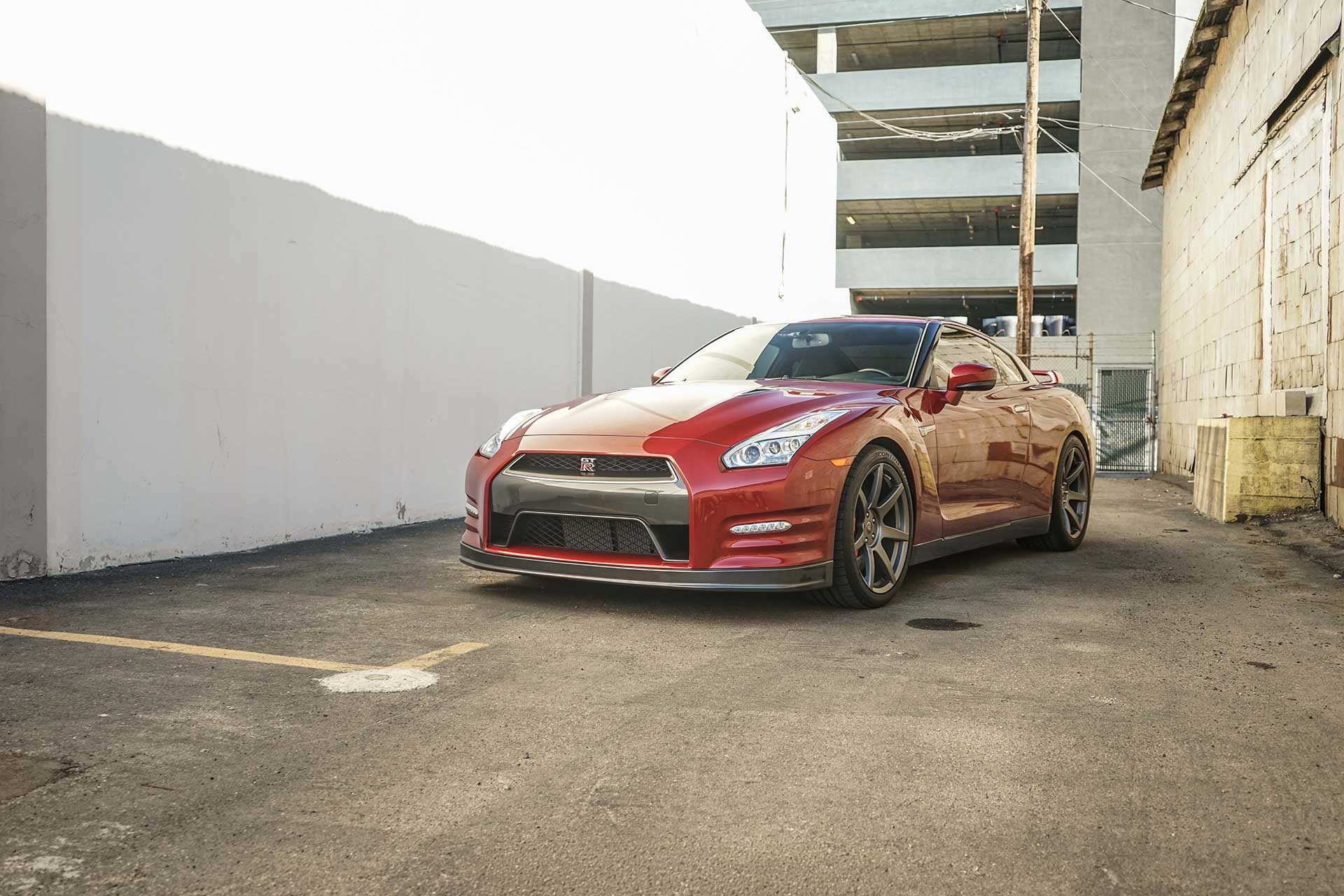 red r35 nissan gtr with satin graphite project 6gr seven wheels