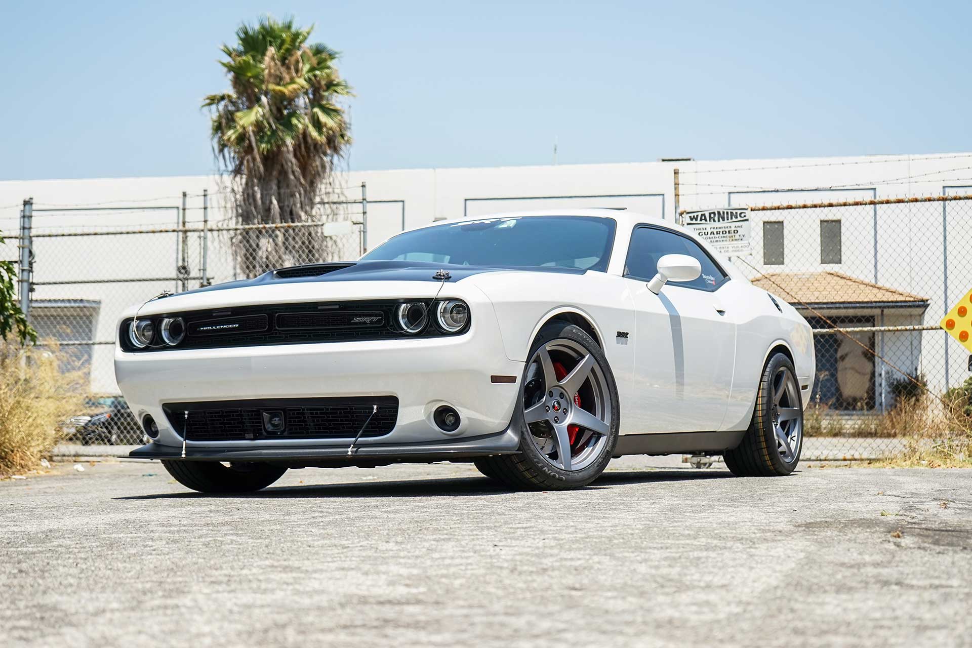 white dodge challenger srt 392 with gloss black project 6gr five wheels