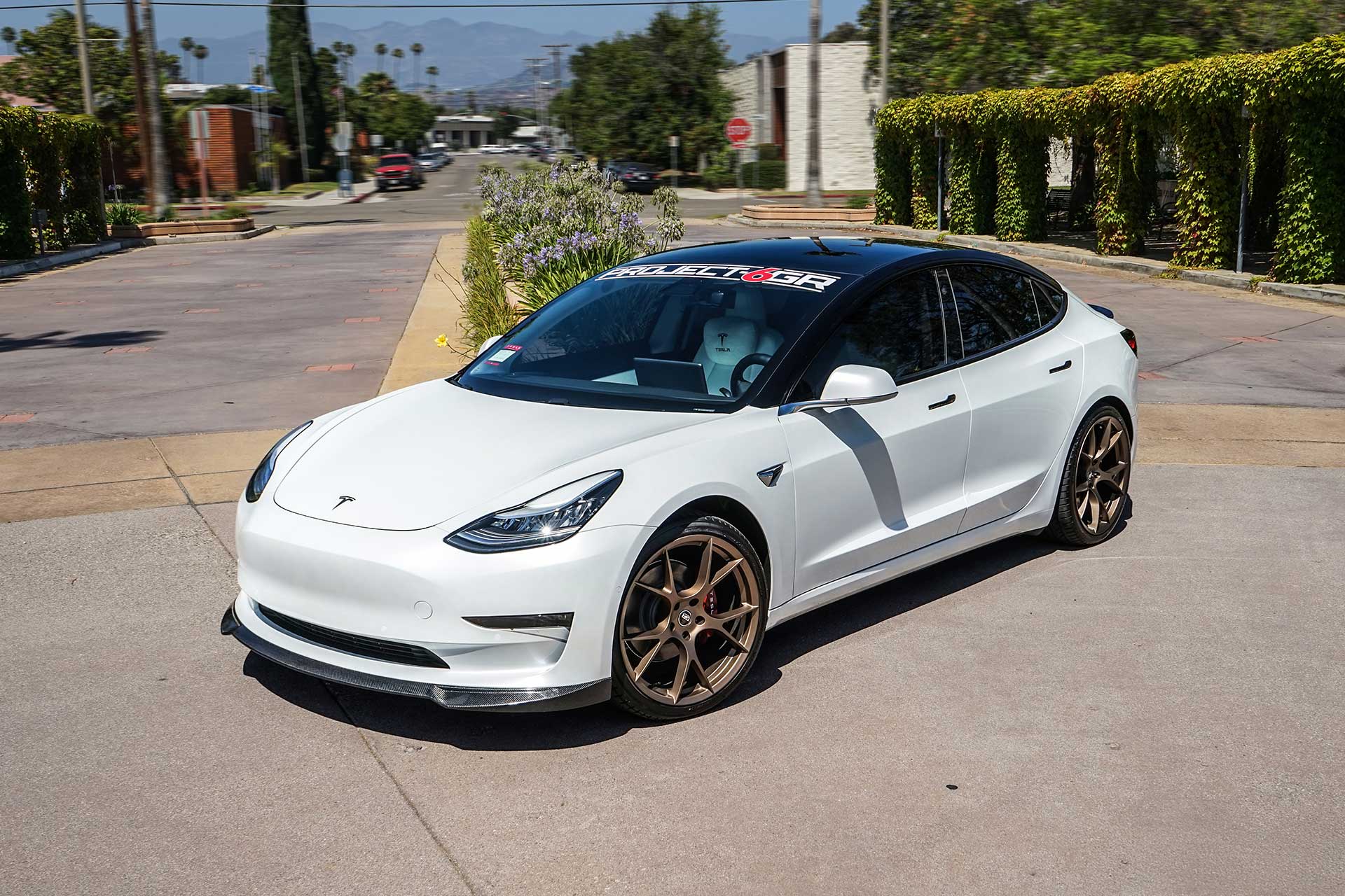 white tesla model 3 with satin bronze project 6gr ten wheels